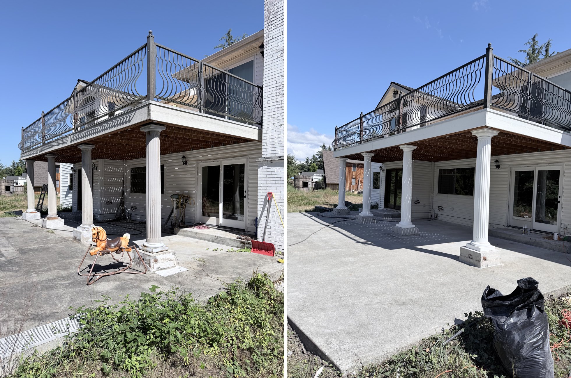 Covered deck columns and fascia repainted and patio pressure-washed — before and after