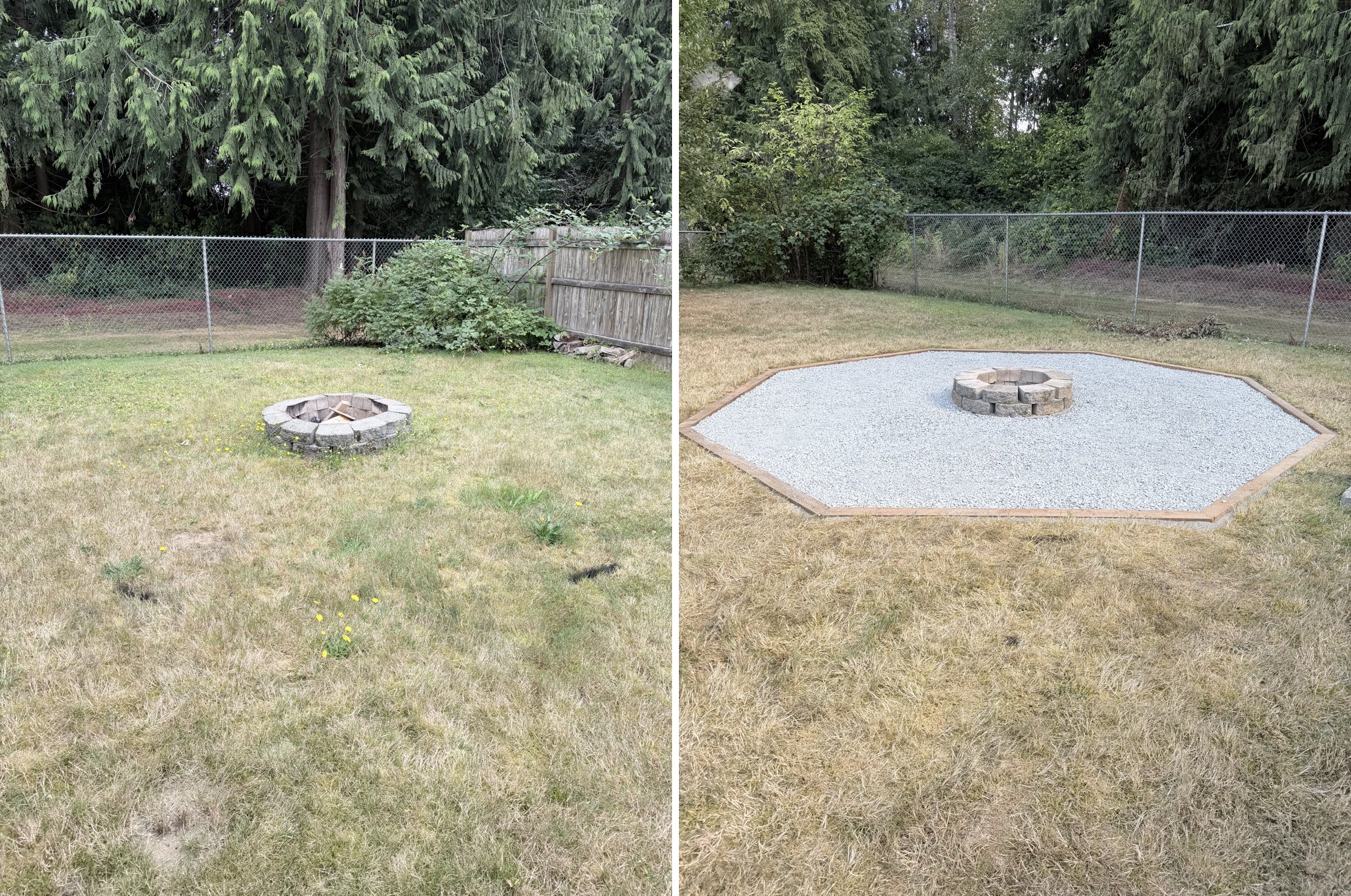 Backyard fire pit turned into a gravel patio with a timber border — before and after
